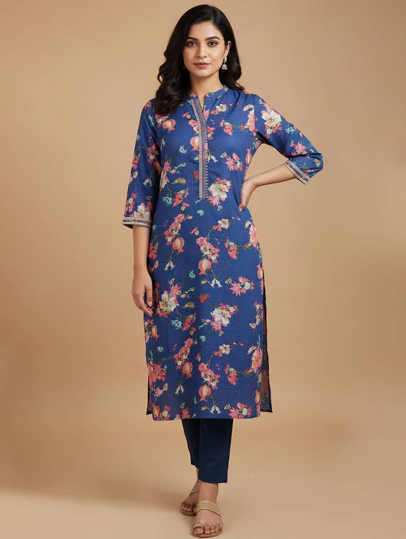 women floral three quarter sleeve straight kurta