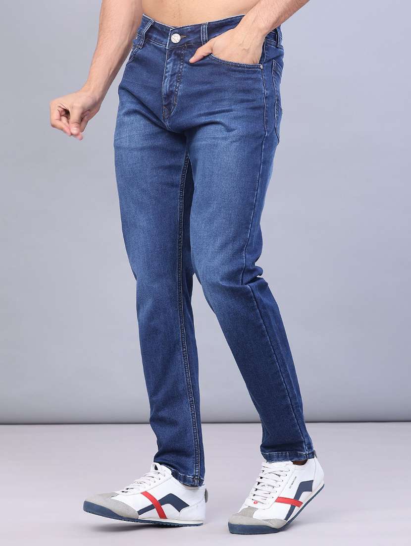 men washed mid rise full length jeans