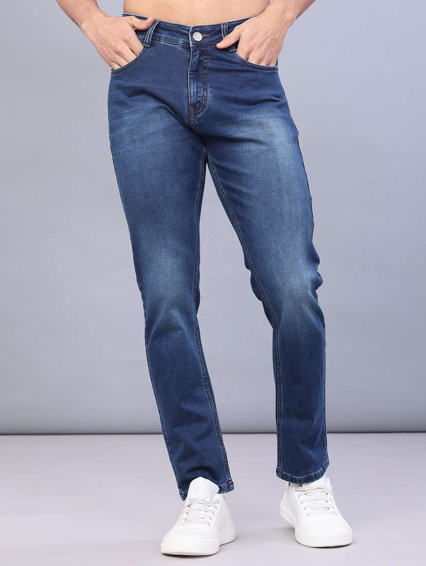 men washed mid rise full length jeans