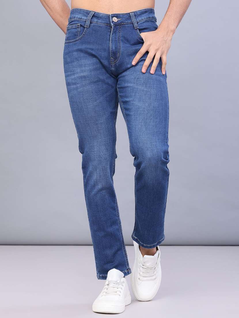 men washed mid rise full length jeans