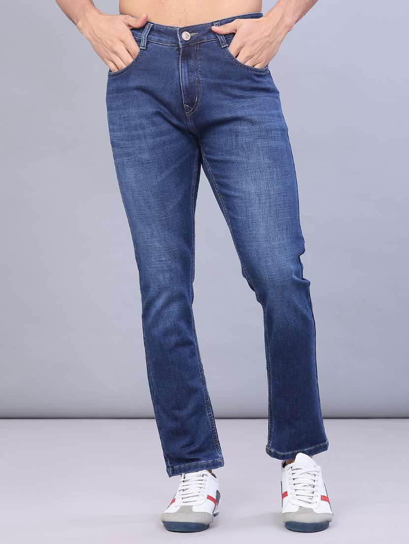 men washed mid rise full length jeans