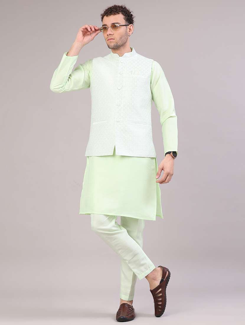 men self design mandarin neck kurta pyjama with jacket ethnic wear set