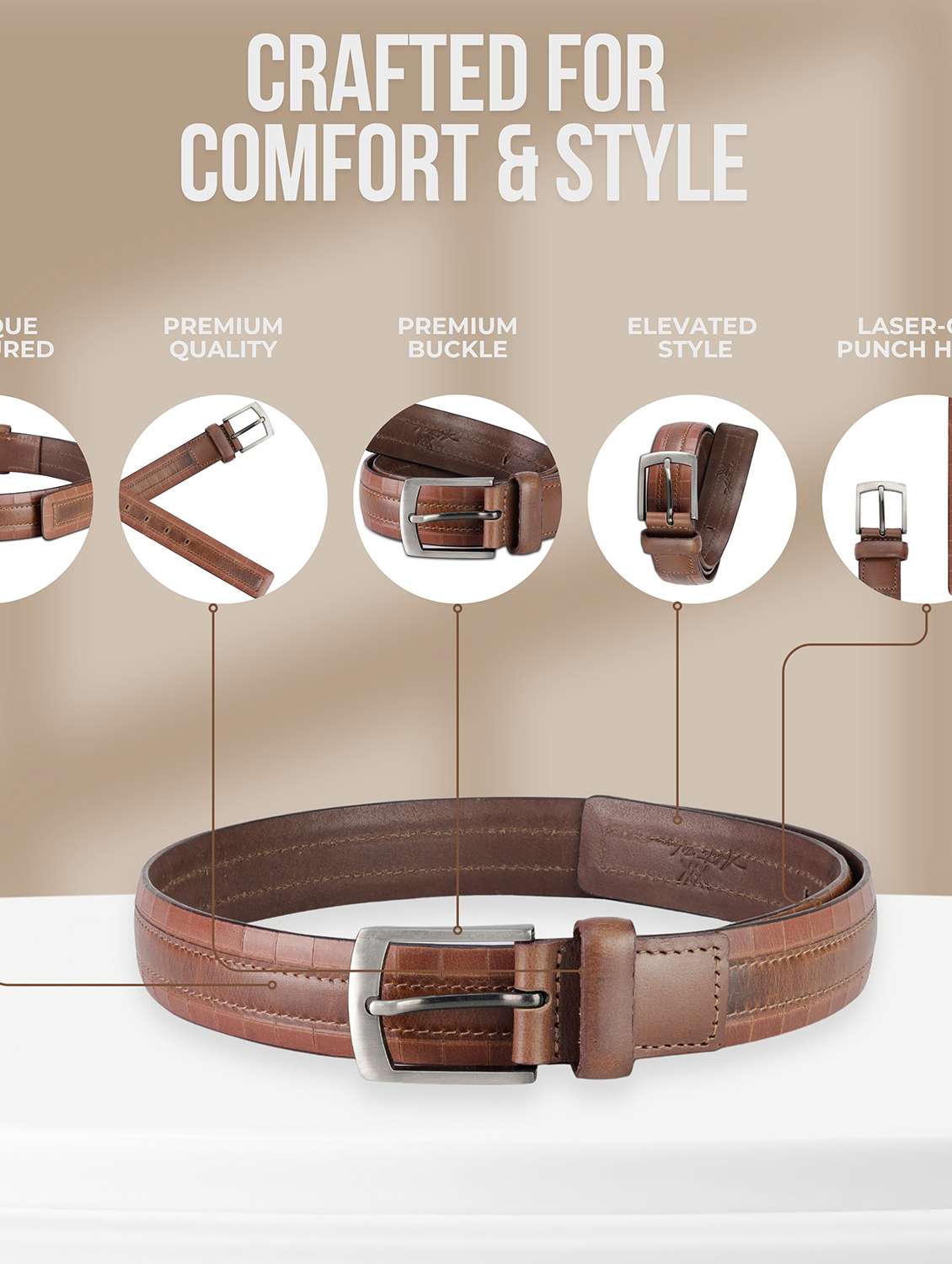 mens brown leather textured belt - 22157036 -  Standard Image - 3