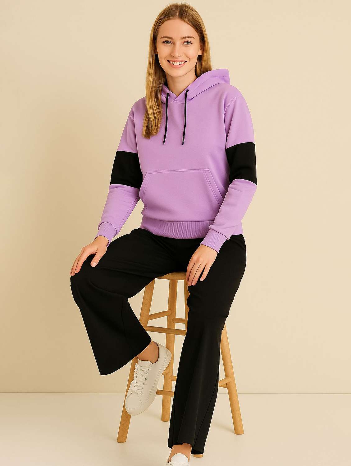 women color block long sleeve hooded sweatshirt - 22157065 - Standard Image - 3