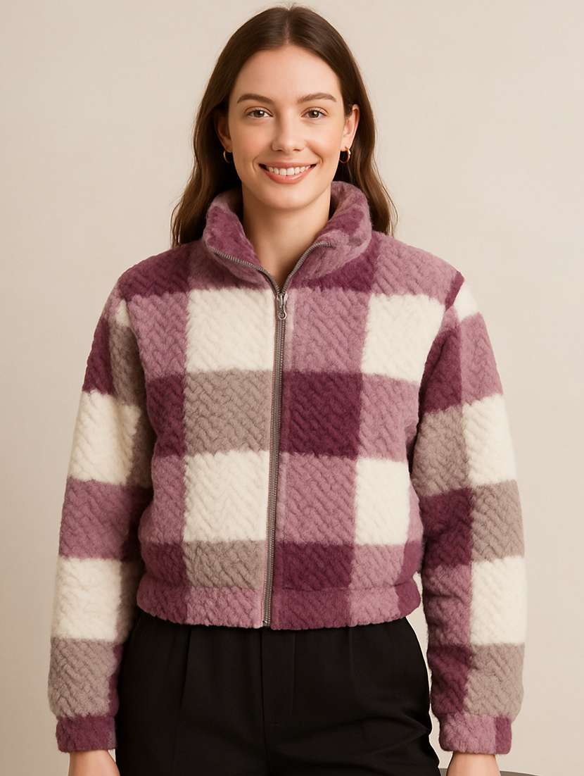 women checkered long sleeve cropped sweatshirt