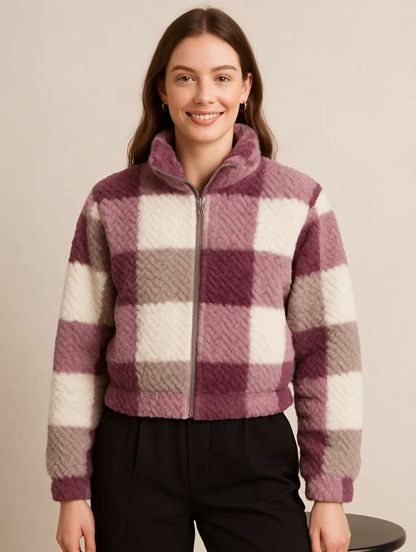 women checkered long sleeve cropped sweatshirt - 22157068 - Standard Image - 3