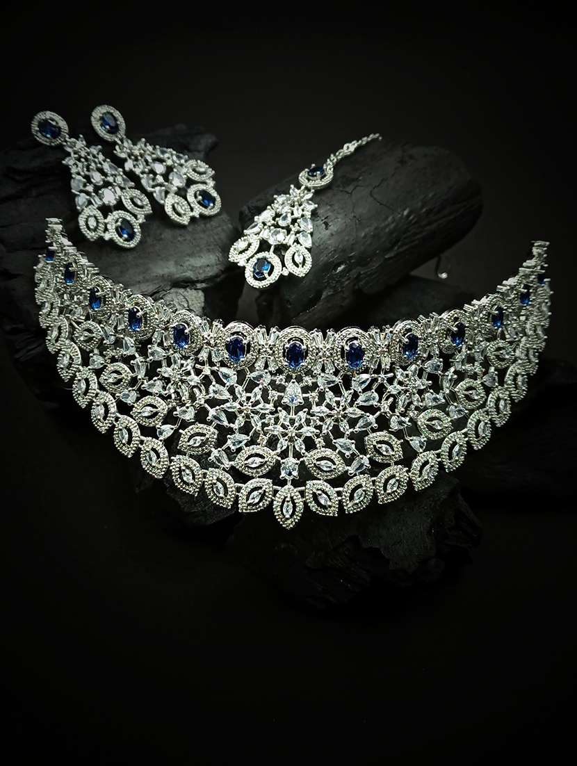 silver plated cubic zirconia bridal necklace with earrings and maangtika