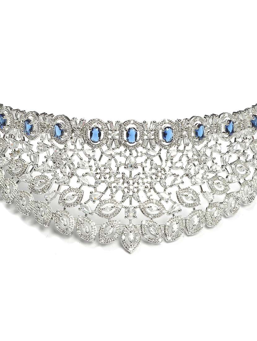 silver plated cubic zirconia bridal necklace with earrings and maangtika - 22157478 -  Standard Image - 5