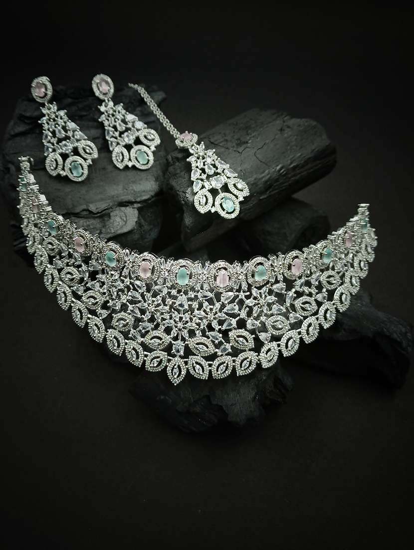 silver plated cubic zirconia bridal necklace with earrings and maangtika