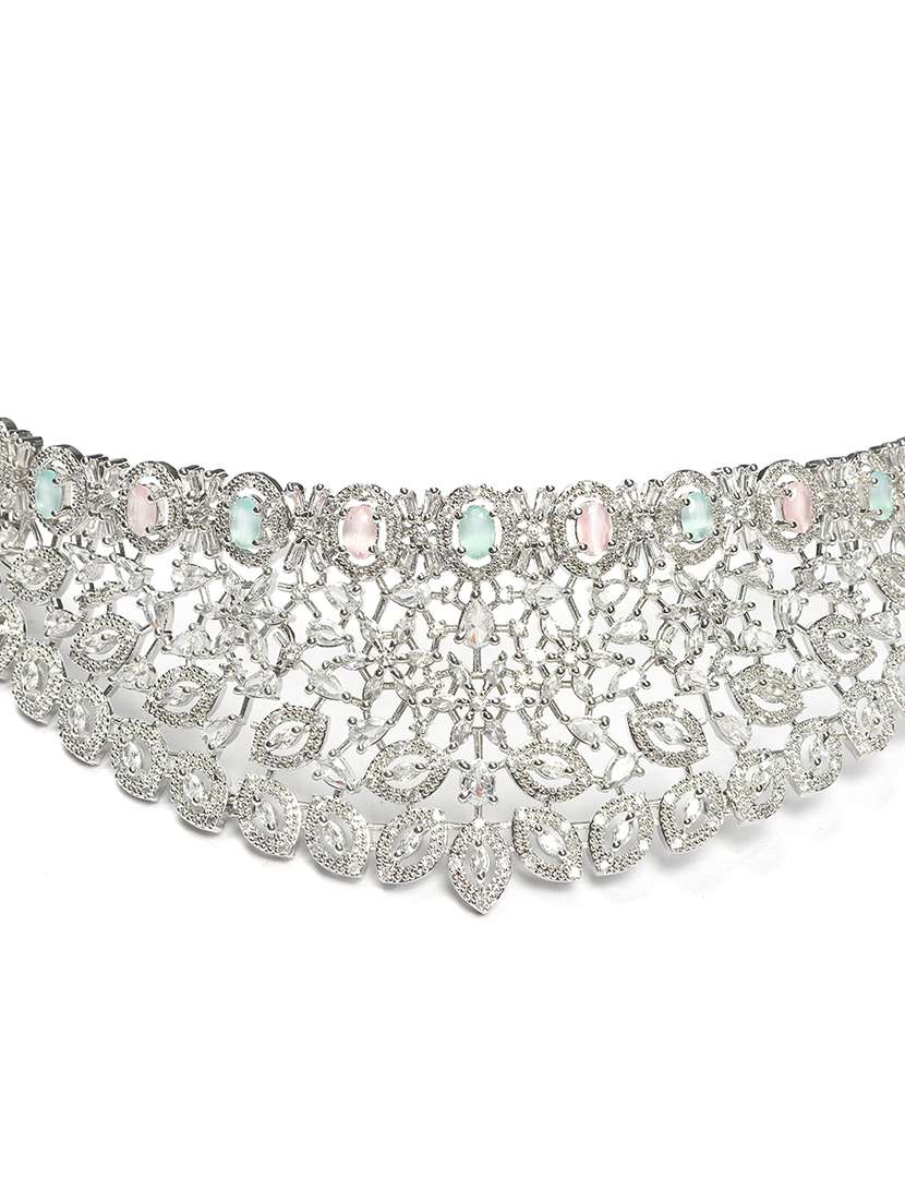 silver plated cubic zirconia bridal necklace with earrings and maangtika - 22157480 -  Standard Image - 5