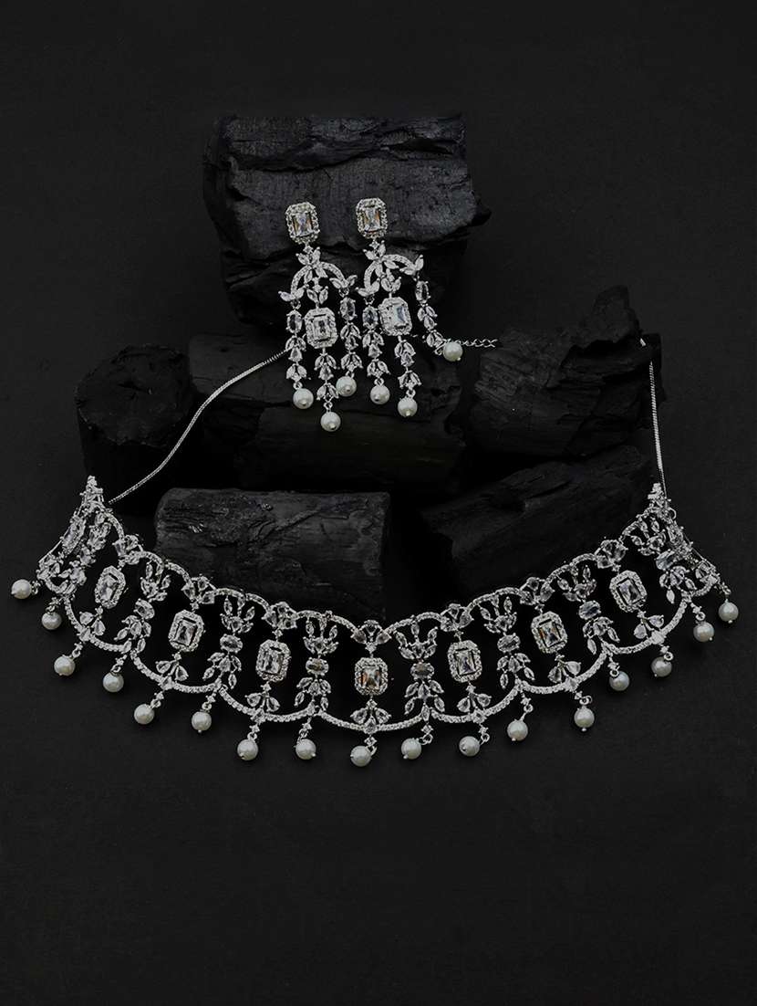 silver plated cubic zirconia bridal necklace with earrings and maangtika