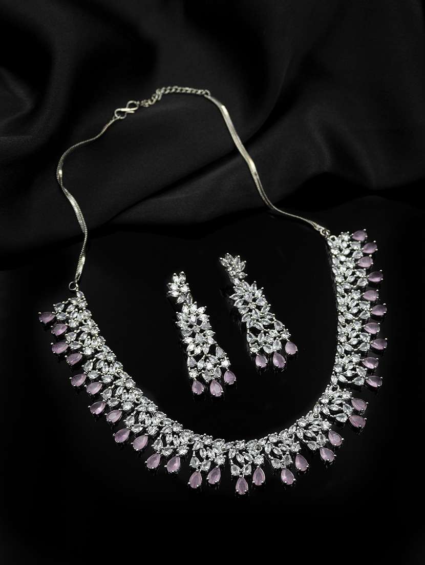 sleek elegant silver plated pink ad studded designer necklace set