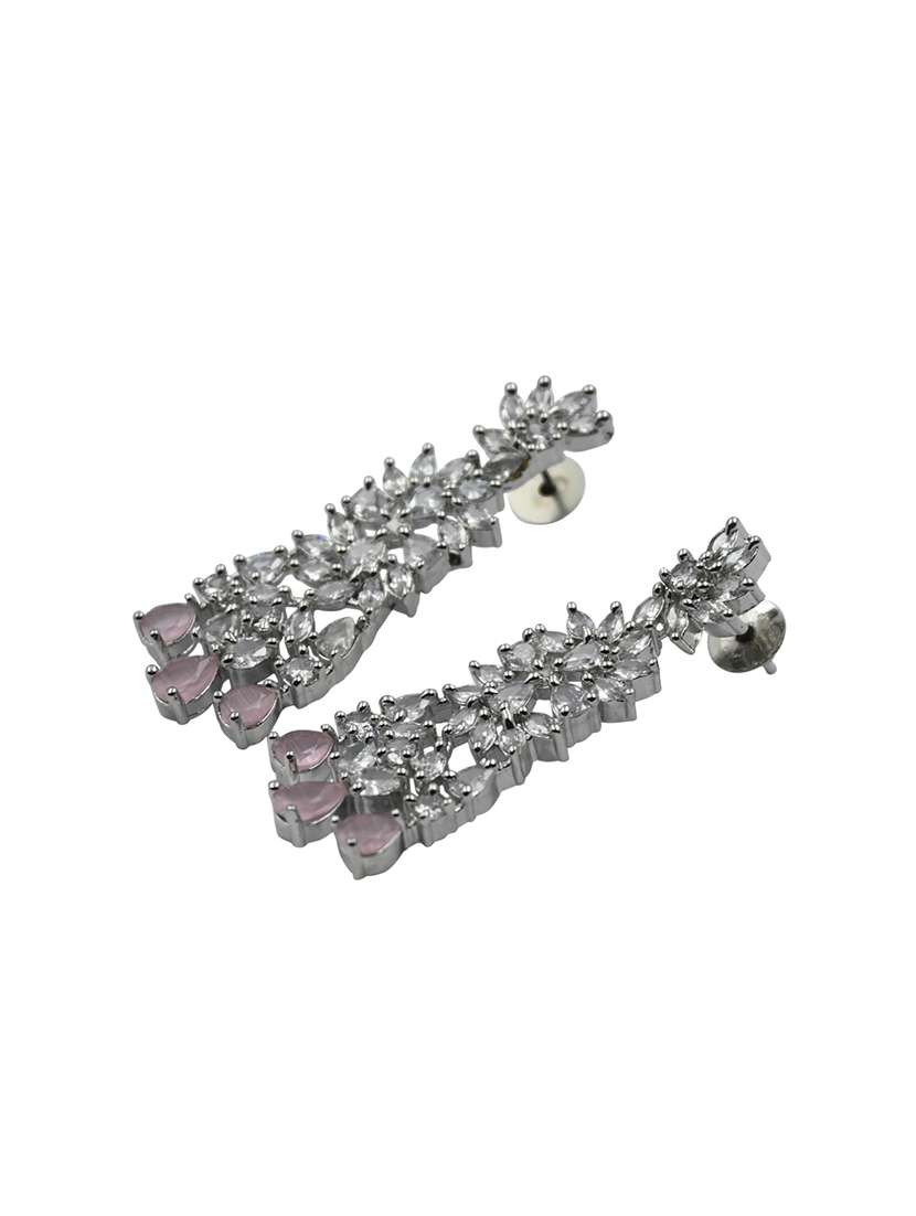 sleek elegant silver plated pink ad studded designer necklace set - 22157484 -  Standard Image - 3