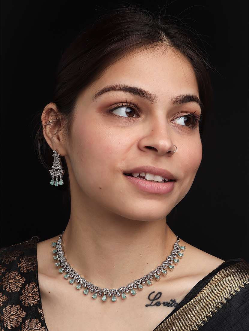 necklace silver plated party wear jewellery set - 22157485 -  Standard Image - 5