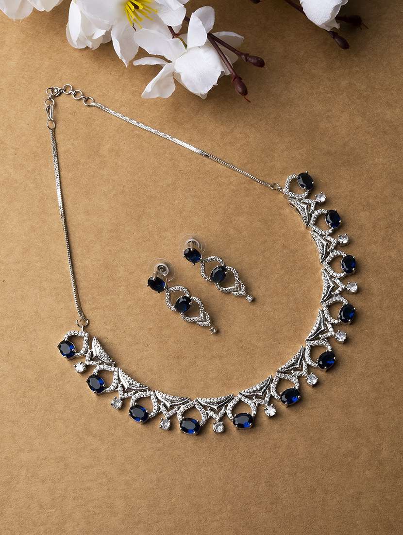sleek cut work blue cz ad necklace