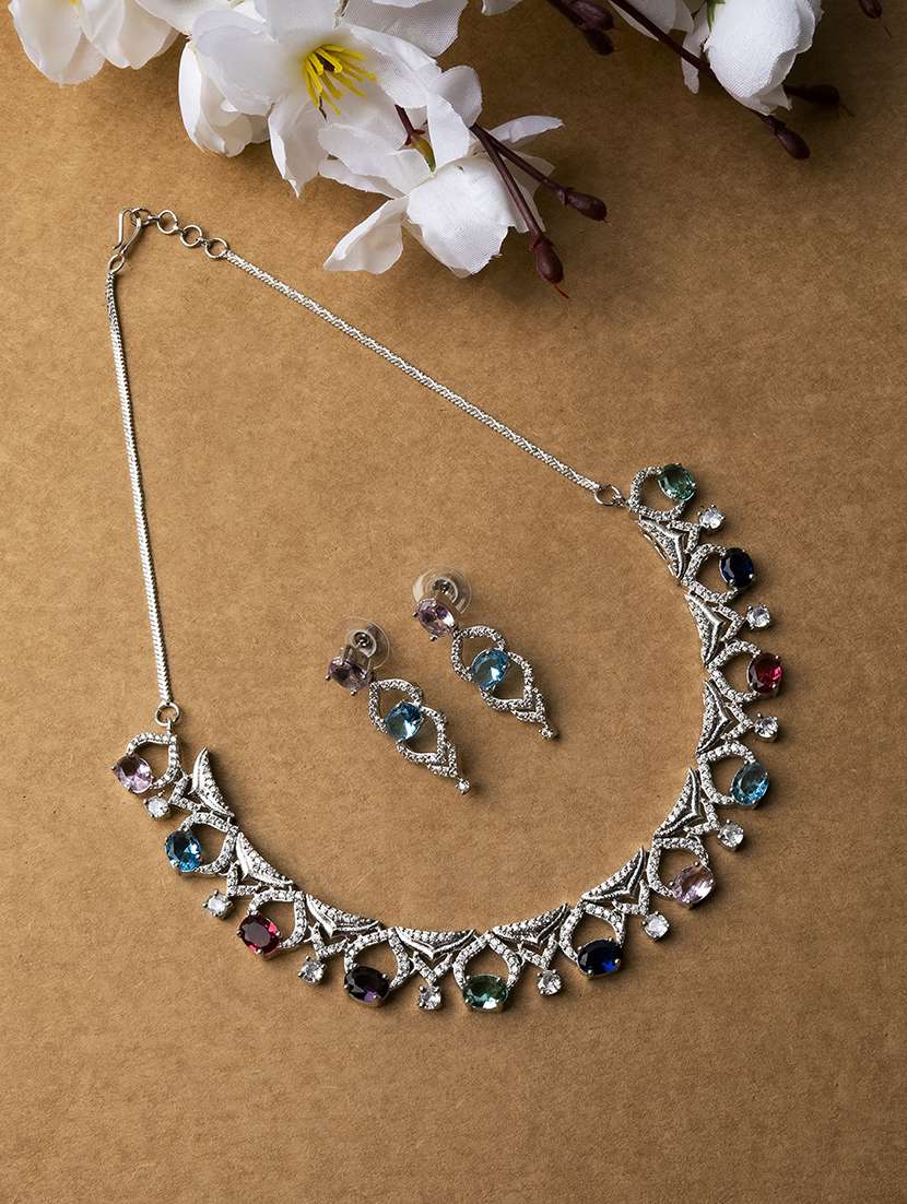 sleek cut work multicolor cz ad necklace
