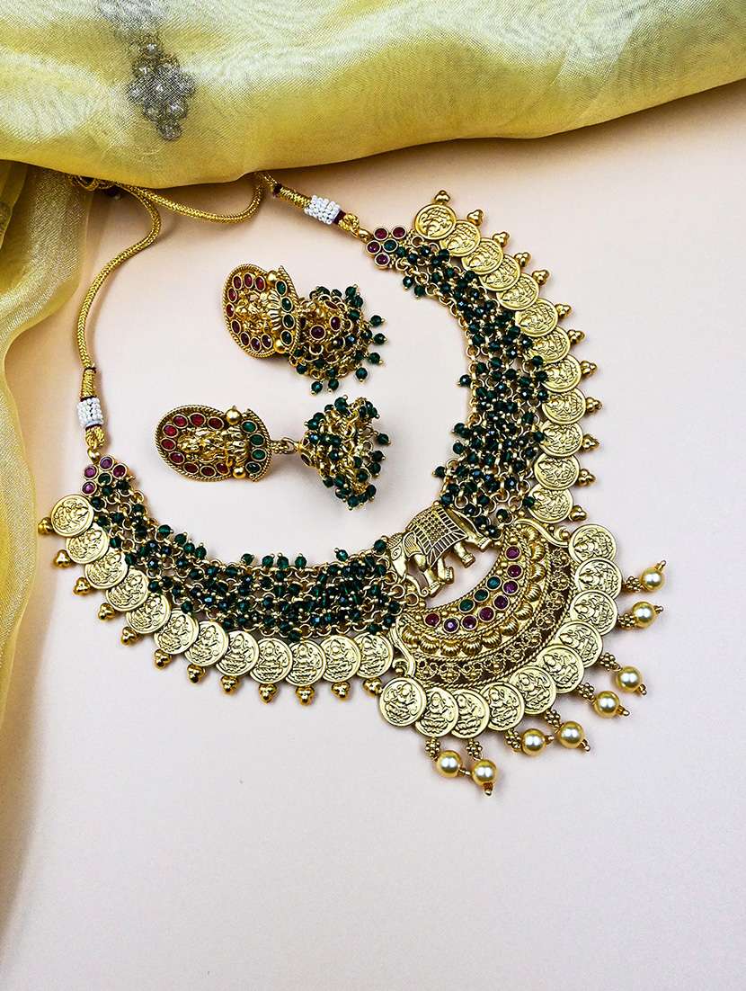 unique gold plated gajanan green hydra beads necklace set