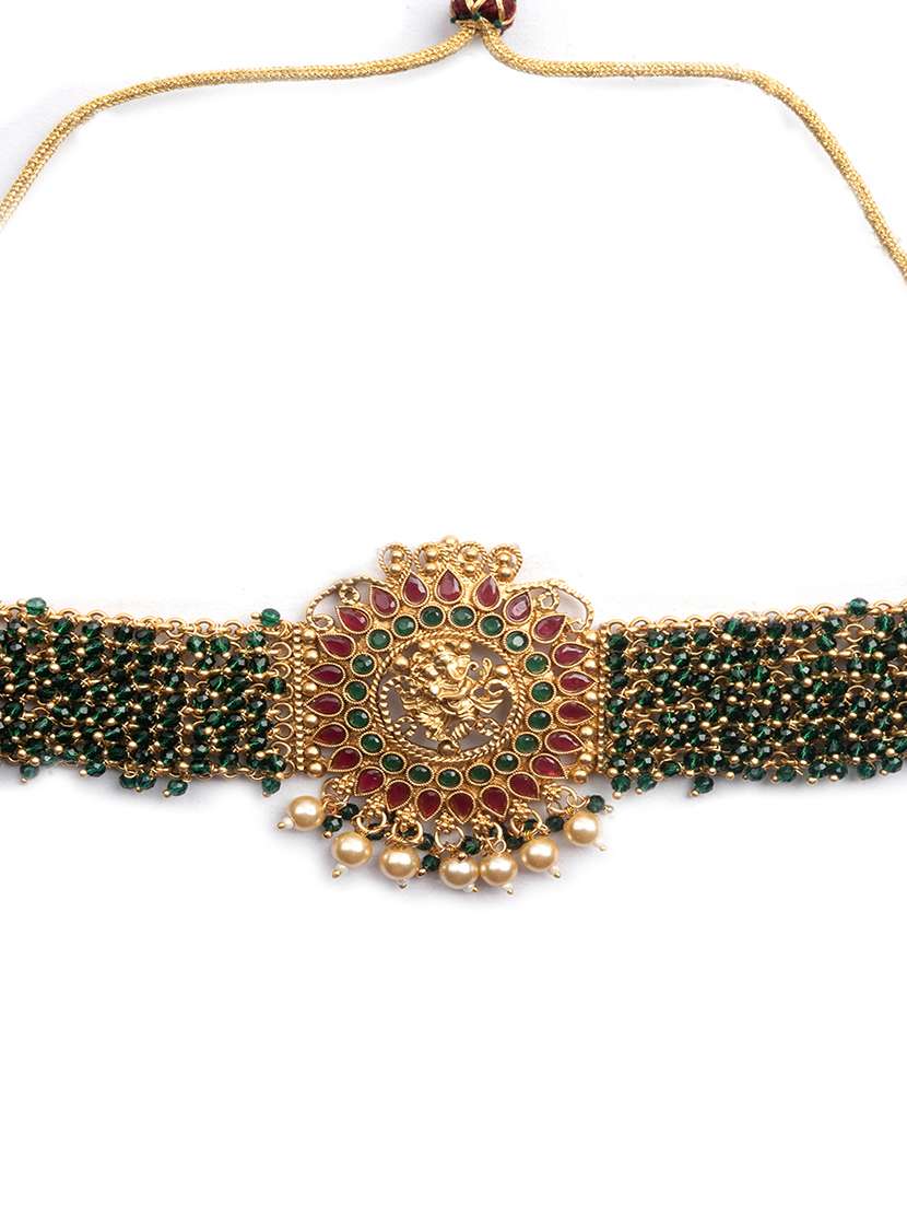 precious gold plated ganapati green hydra beads necklace set - 22157533 -  Standard Image - 5