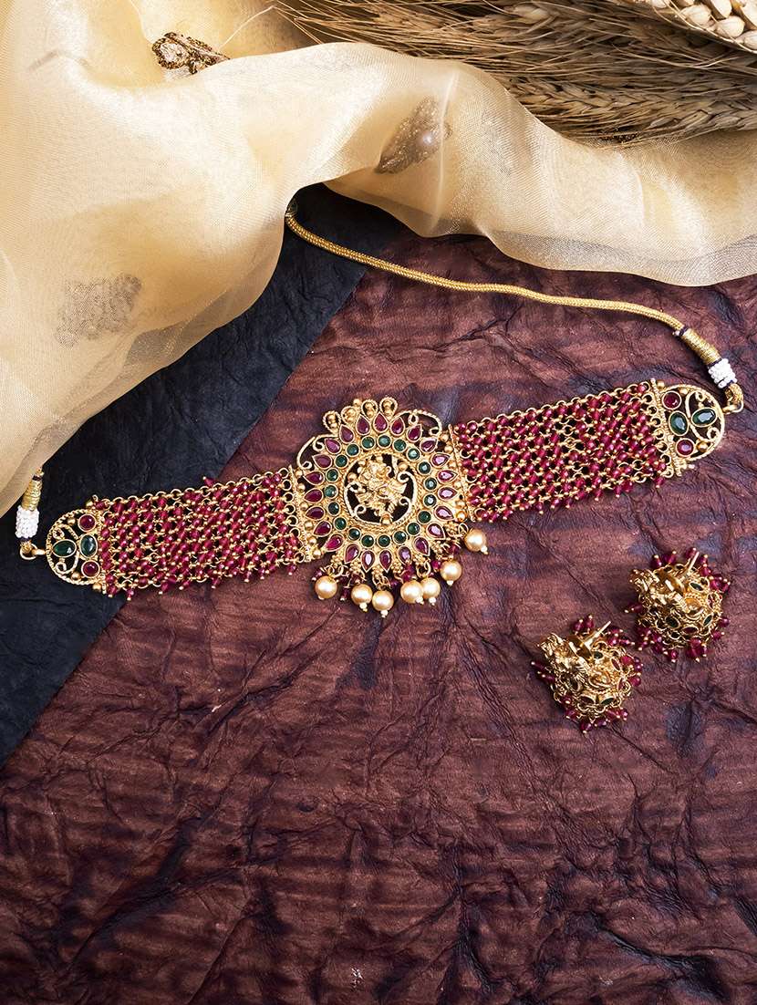 precious gold plated ganapati red hydra beads necklace set