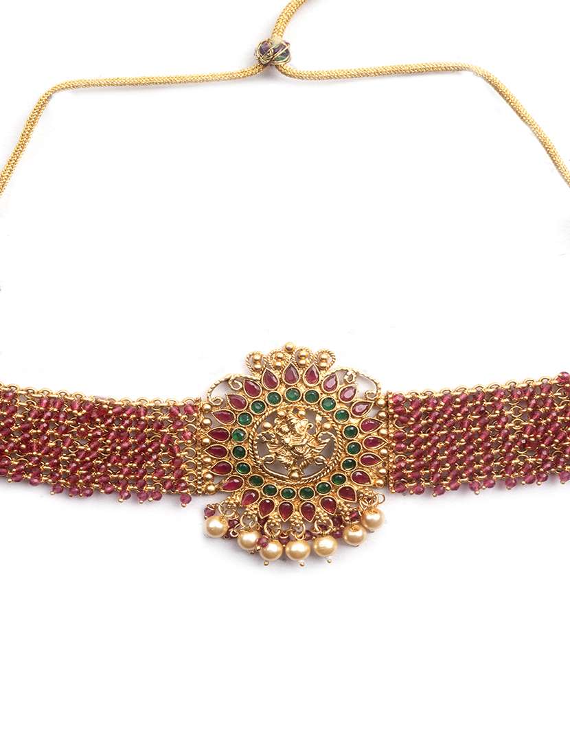 precious gold plated ganapati red hydra beads necklace set - 22157534 -  Standard Image - 5