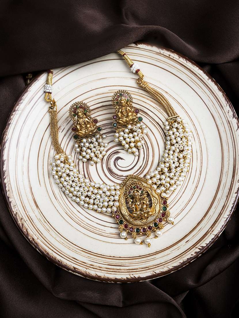 exquisite white hydra beads laxmi temple necklace set