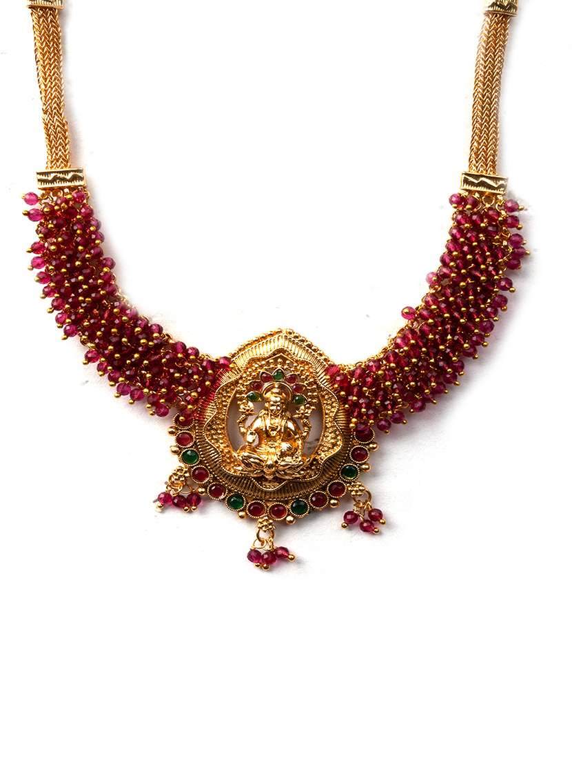 exquisite red hydra beads laxmi temple necklace set - 22157538 -  Standard Image - 3