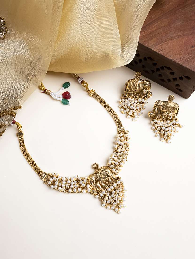 gold plated gaj necklace set with white hydra beads