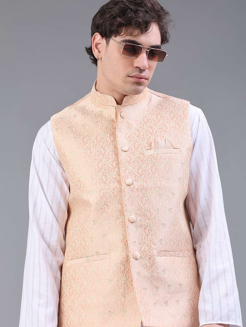 men self design mandarin neck regular fit nehru jacket