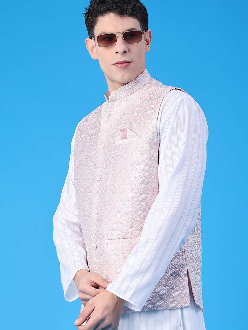 men self design mandarin neck regular fit nehru jacket
