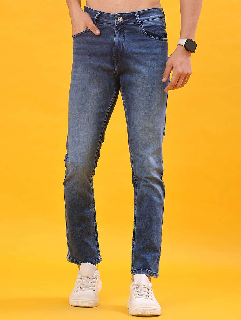 men washed mid rise full length jeans