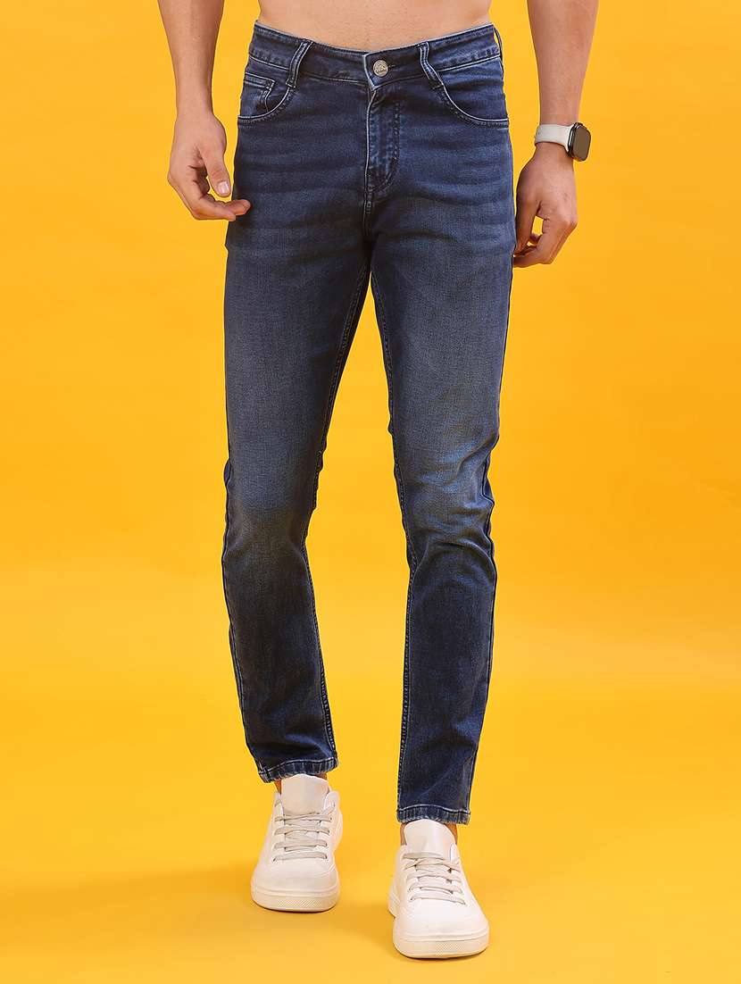 men washed mid rise full length jeans
