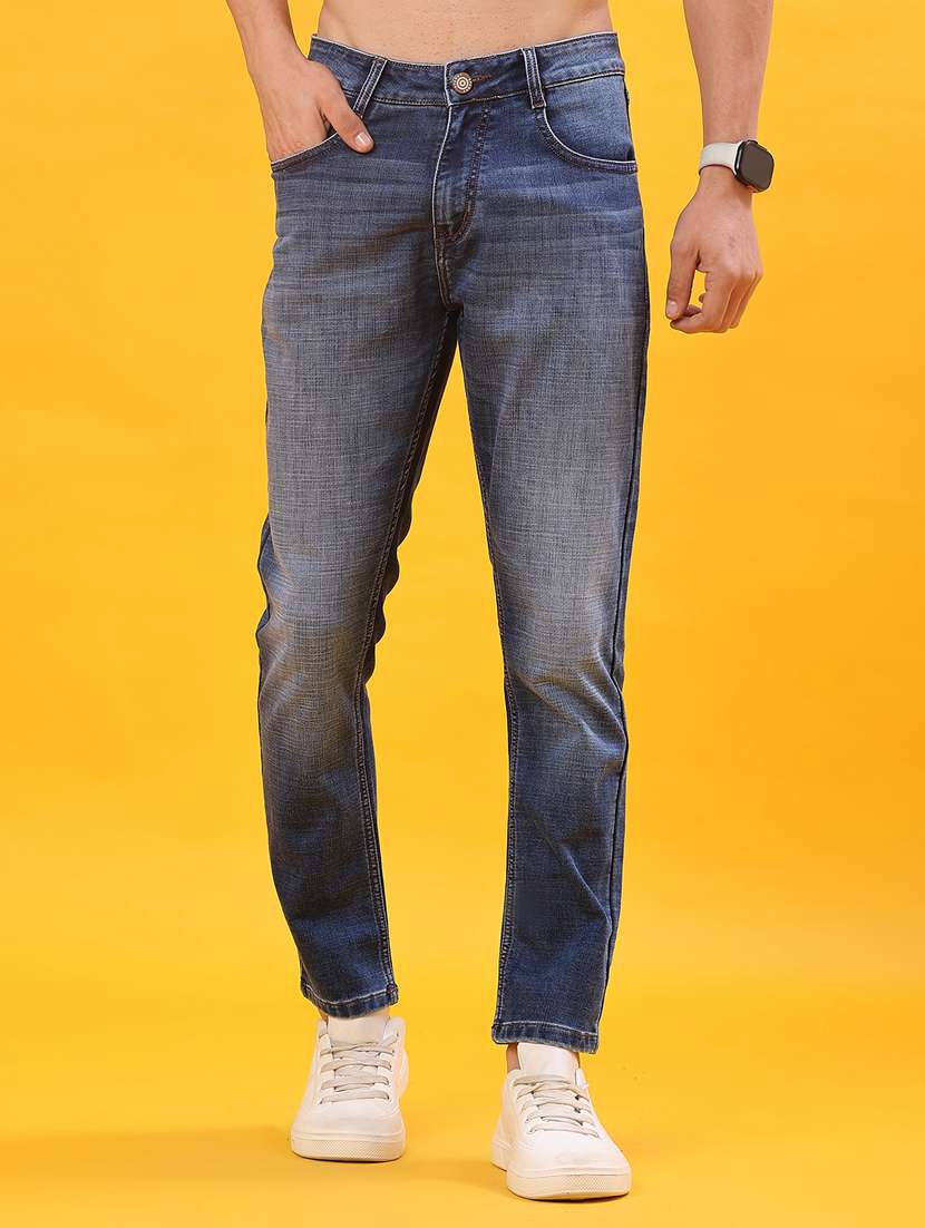 men washed mid rise full length jeans