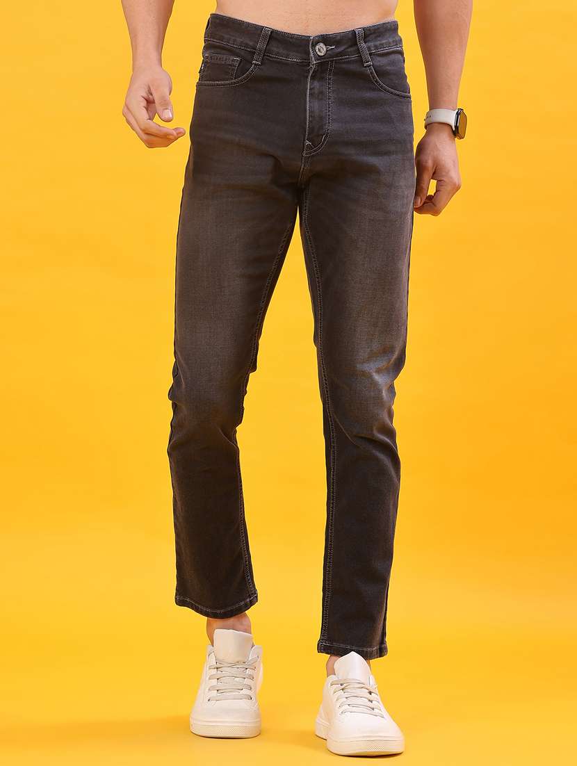 men washed mid rise full length jeans
