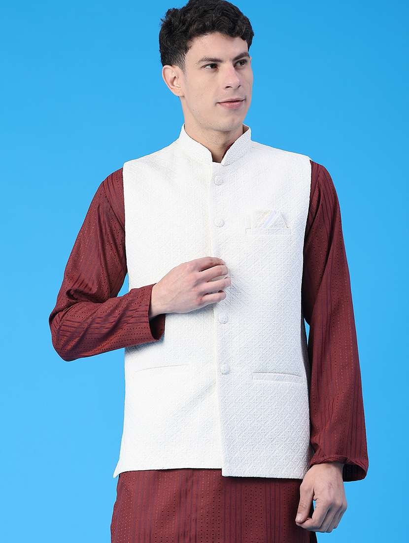 men self design mandarin neck regular fit nehru jacket - 22158515 -  Standard Image - 3
