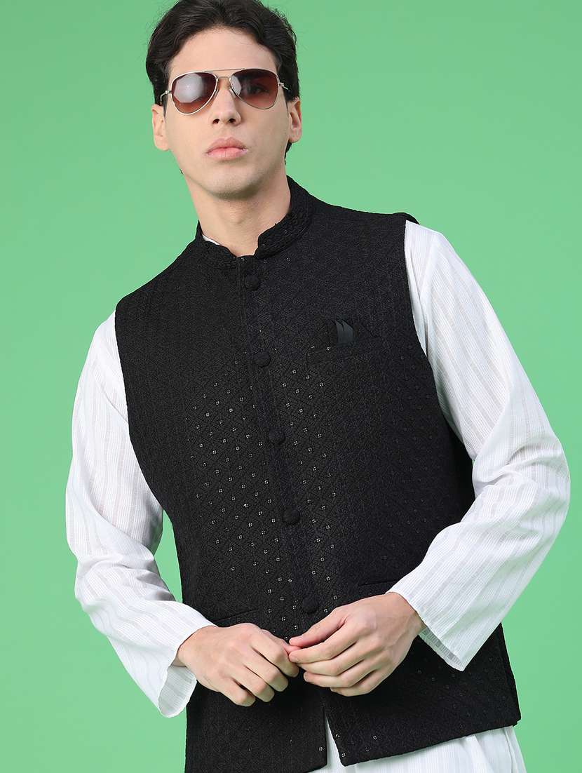 men solid with work mandarin neck regular fit nehru jacket