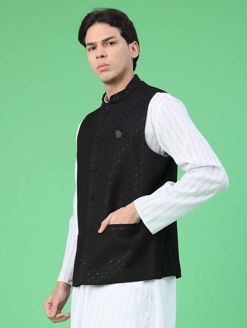 men solid with work mandarin neck regular fit nehru jacket - 22158516 -  Standard Image - 3