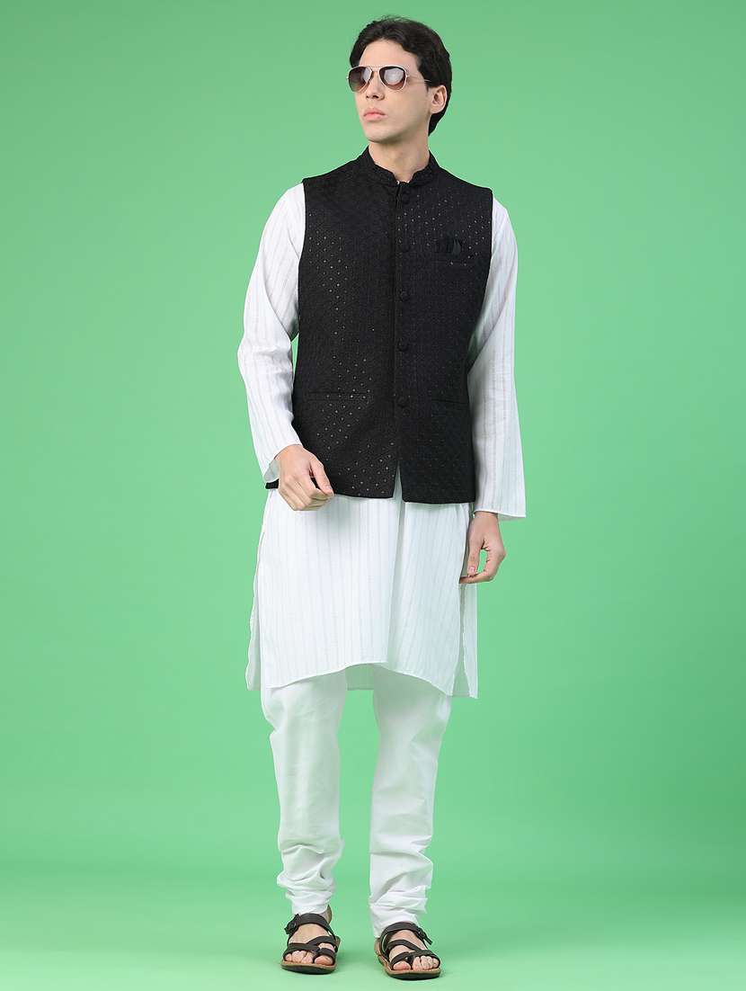 men solid with work mandarin neck regular fit nehru jacket - 22158516 -  Standard Image - 5