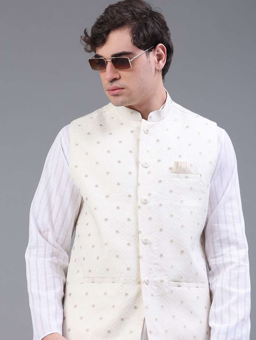 men self design mandarin neck regular fit nehru jacket