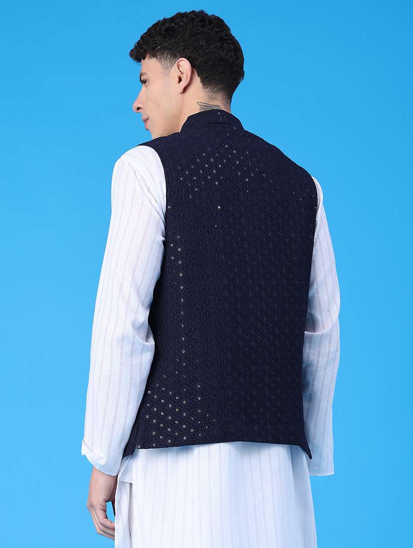 men solid with work mandarin neck regular fit nehru jacket - 22158519 -  Standard Image - 3