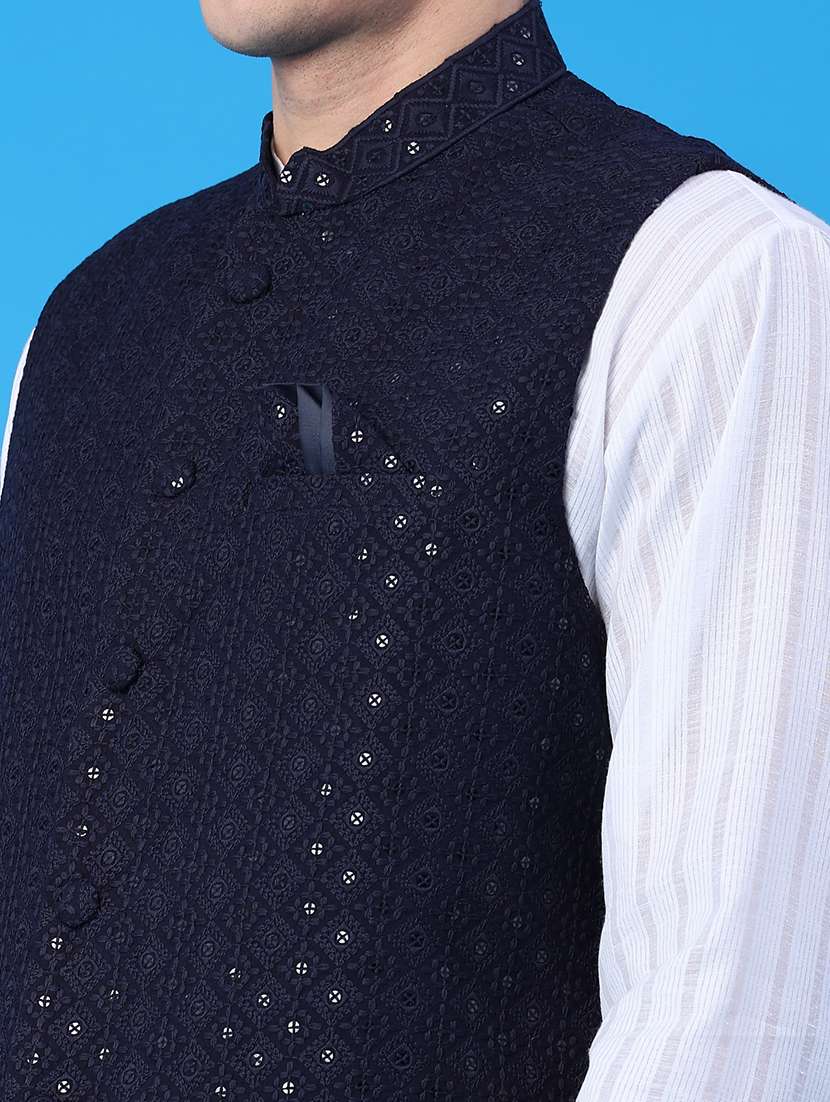 men solid with work mandarin neck regular fit nehru jacket - 22158519 -  Standard Image - 5