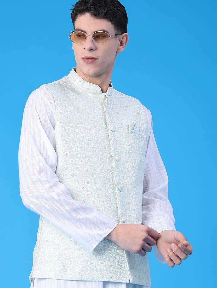men self design mandarin neck regular fit nehru jacket