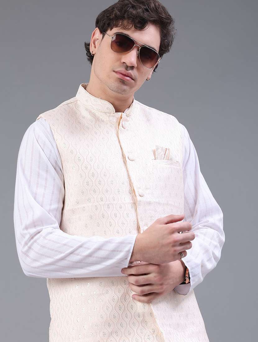 men solid with work mandarin neck regular fit nehru jacket