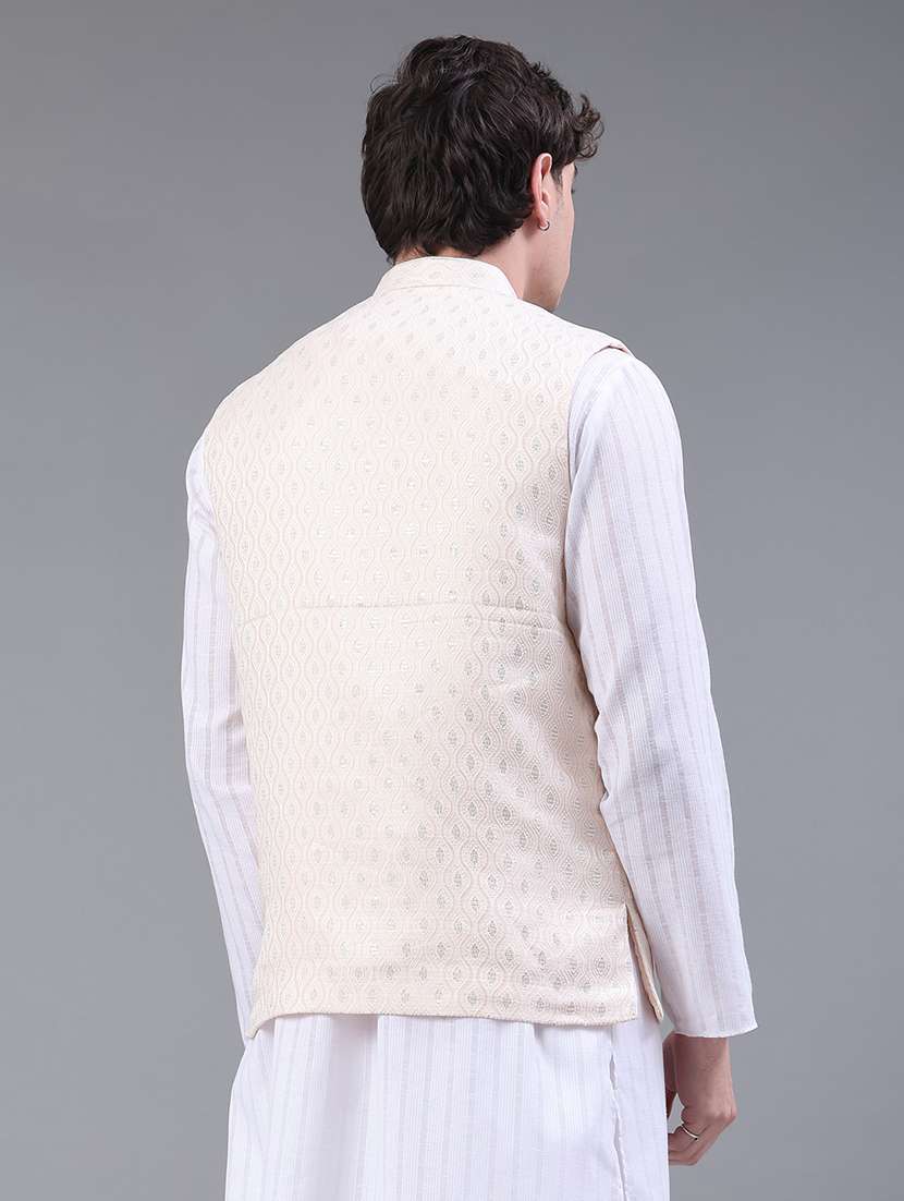 men solid with work mandarin neck regular fit nehru jacket - 22158521 -  Standard Image - 3