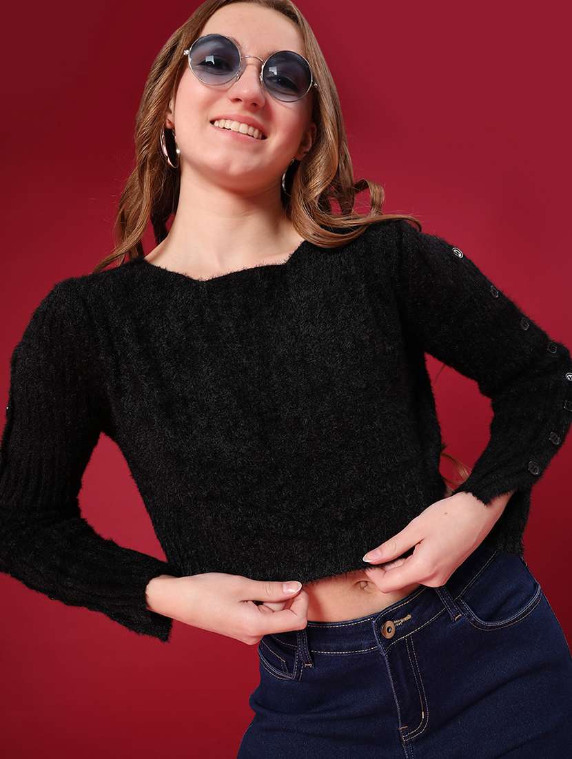 women solid long sleeve crop pullover