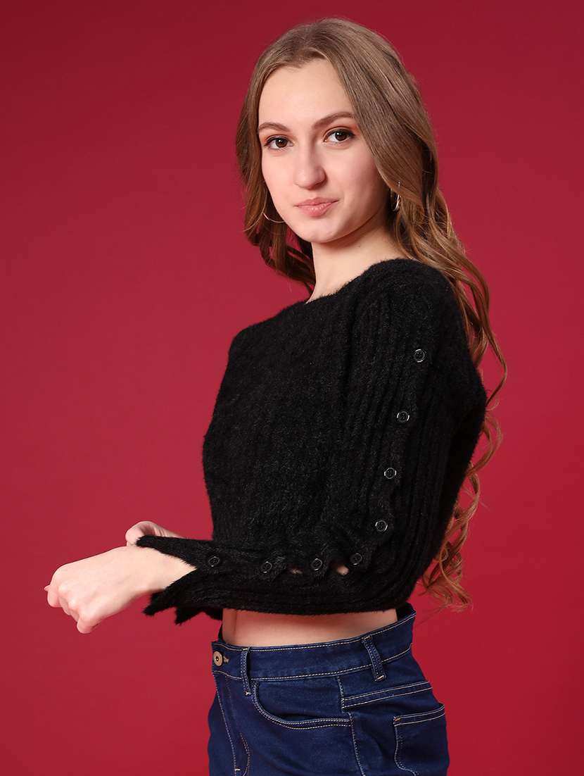 women solid long sleeve crop pullover - 22158550 -  Standard Image - 3