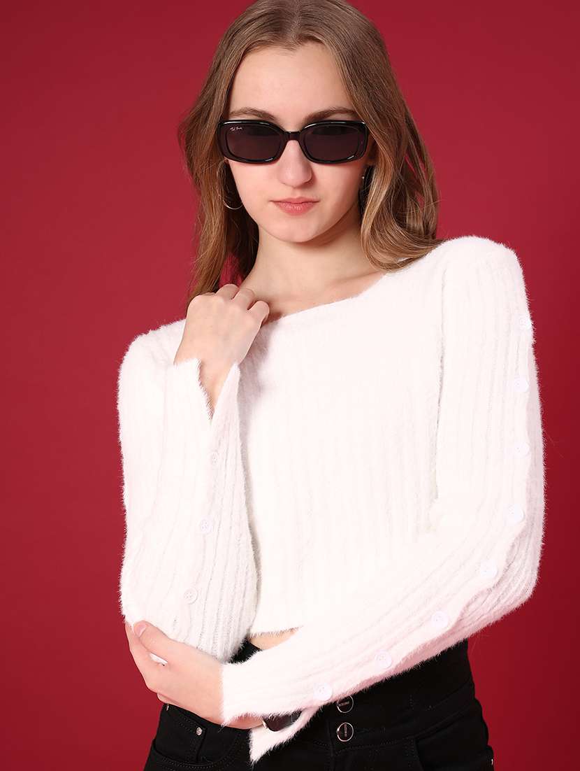 women solid long sleeve crop pullover - 22158552 -  Zoom Image - 0