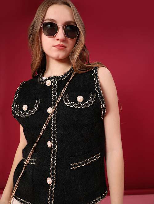 women self design sleeveless cardigan - 22158576 -  Standard Image - 0