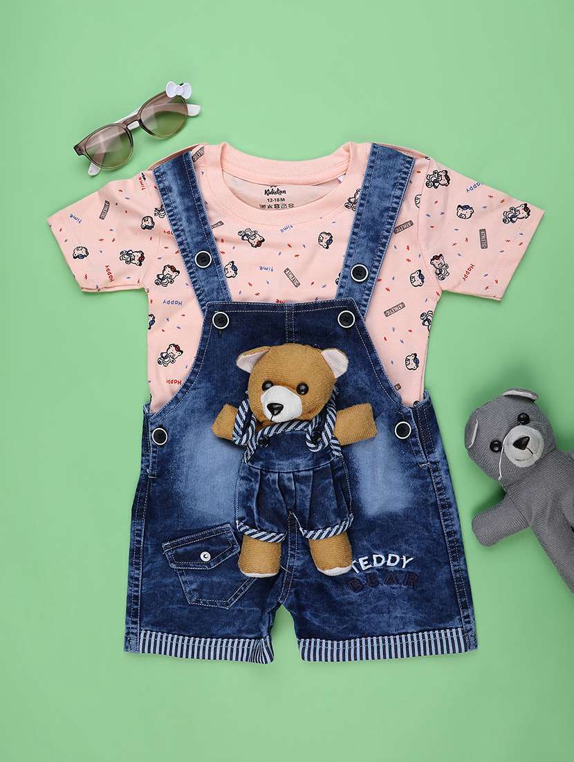 boys printed t-shirt and denim dungree set