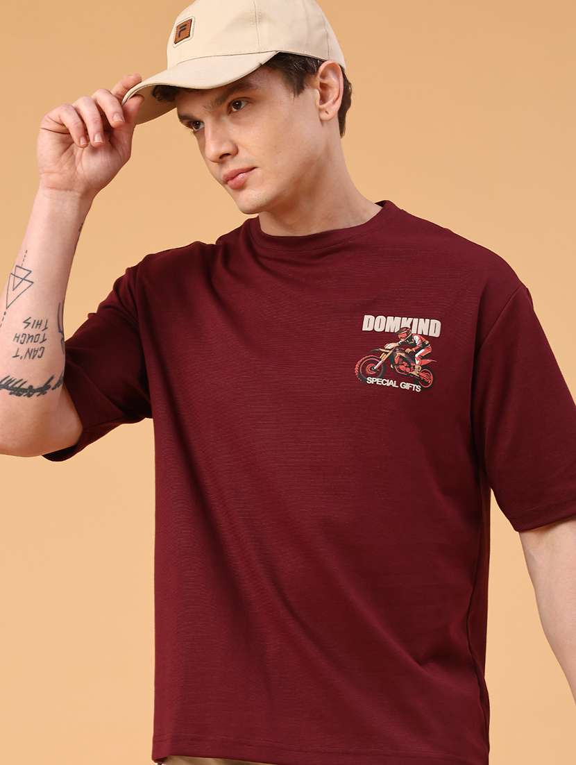 men maroon cotton blend plain t-shirt