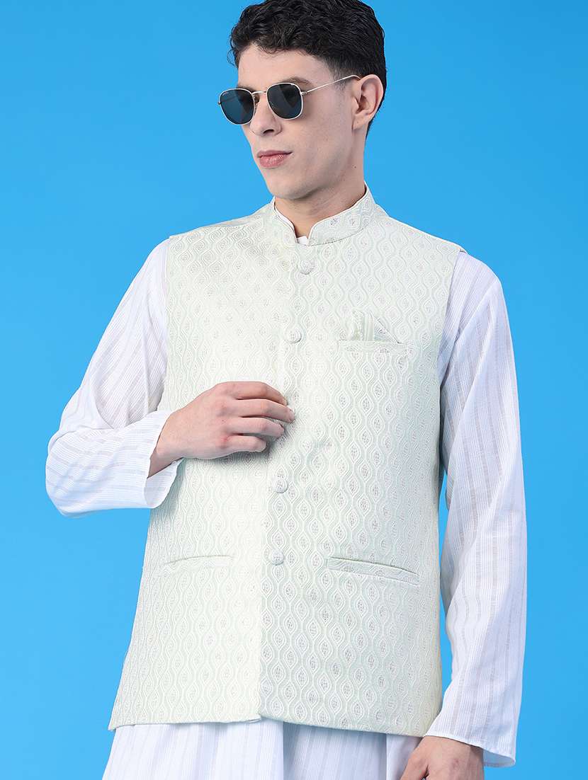 men solid with work mandarin neck regular fit nehru jacket